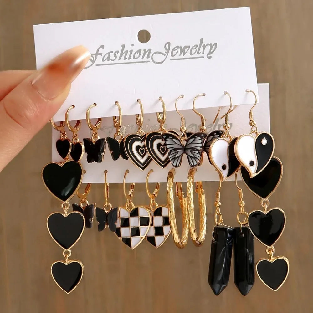 12 Pcs Vintage Black Butterfly Heart Drop Dangle Earrings for Women Charm Gold Color Enamel Hoop Earring Punk Jewelry Set Gift