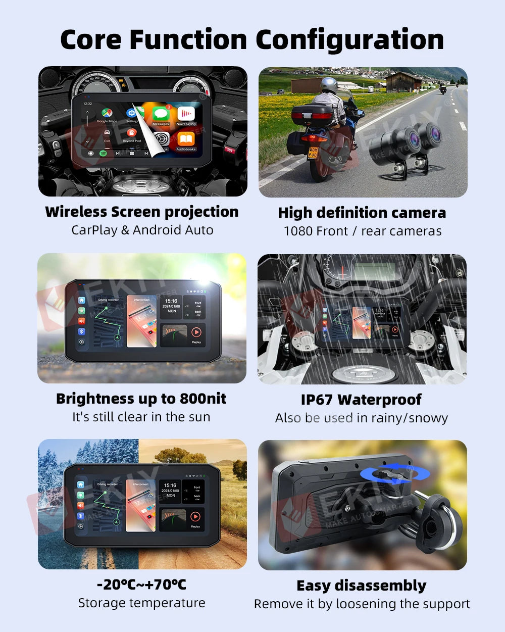 EKIY 6.25 inch Motorcycle Navigation CarPlay Camera Linux IP65 Waterproof Host Wireless Android Auto