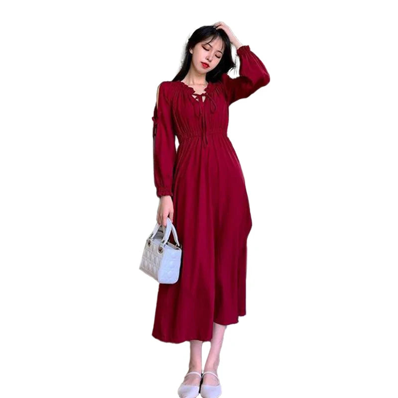 Long Sleeve Front Lace-up Cut-out Women Autumn Casual Chic A-line Long Dress New Year's And Christmas Red Dress