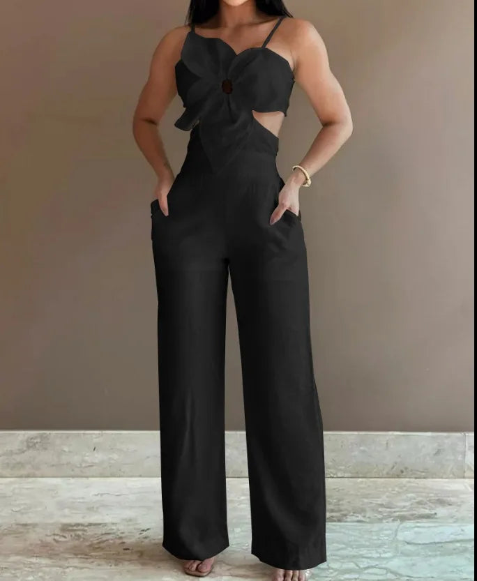 Women Spring Summer Onepiece Trousers Jumpsuits Solid Color Sleeveless Hollow Out Wide Leg Pants Casual Fashion Regular Backless