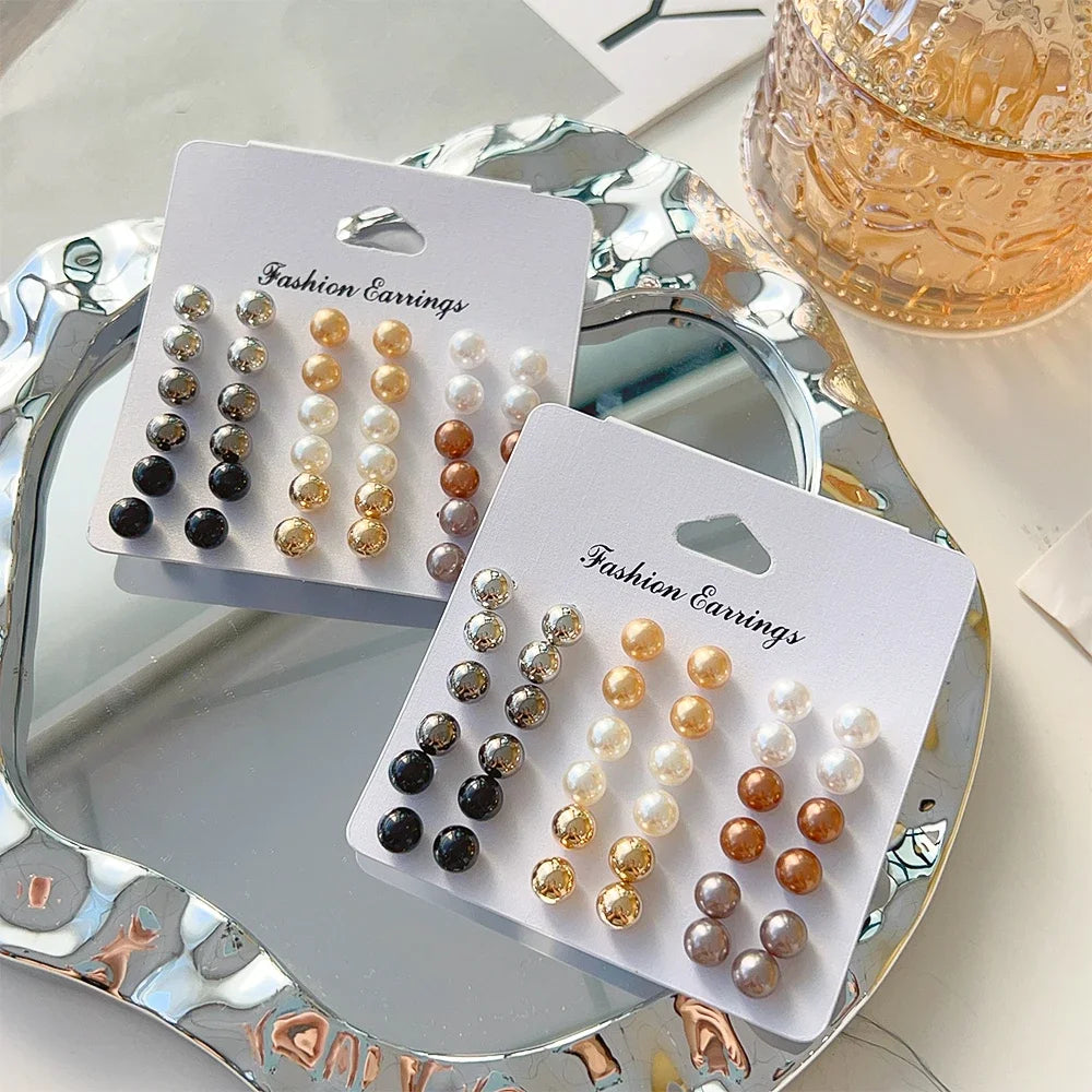 Korean Small Pearl Earrings Set Luxury Ear Studs Simply Fashion Wedding Jewelry Sweet Girls Ear Accessory Women Daily Earrings