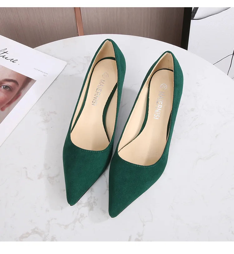 Low Heel Pumps Lady Pointed Toe Kitten Heels Female Green Flock Plus Size 43 44 45 46 Red Shoes 2023 Women 5cm High Heels