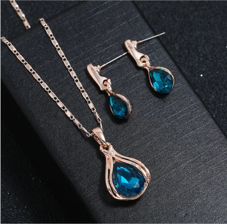 3pcs/set Jewelry Sets Women Elegant Waterdrop Rhinestone Pendant Necklace Hook Earrings Jewelry Set