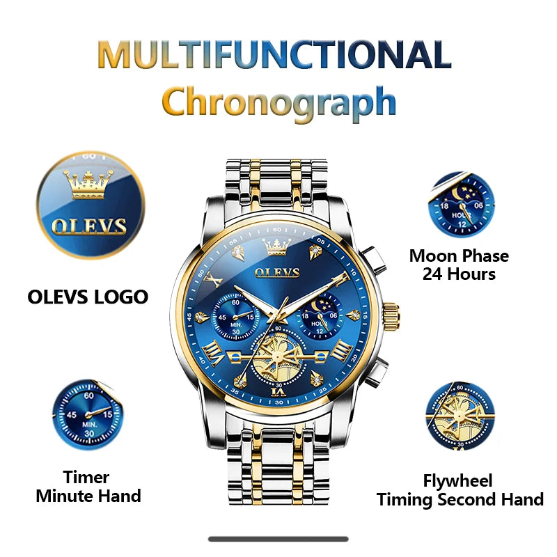 OLEVS Men's Watches Classic Multifunctional Fltwheel Chronograph Original Quartz Wristwatch Moon Phase 24 Hour Waterproof reloj