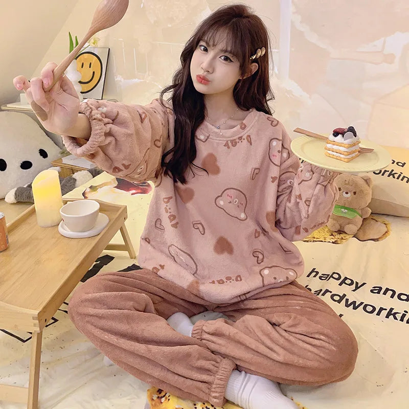 Flannel Warm Pyjamas Set for Women's Padded Plus Size Student Nightwear Ladies Sweet Breathable Crew Neck Sleepwear Loungewear