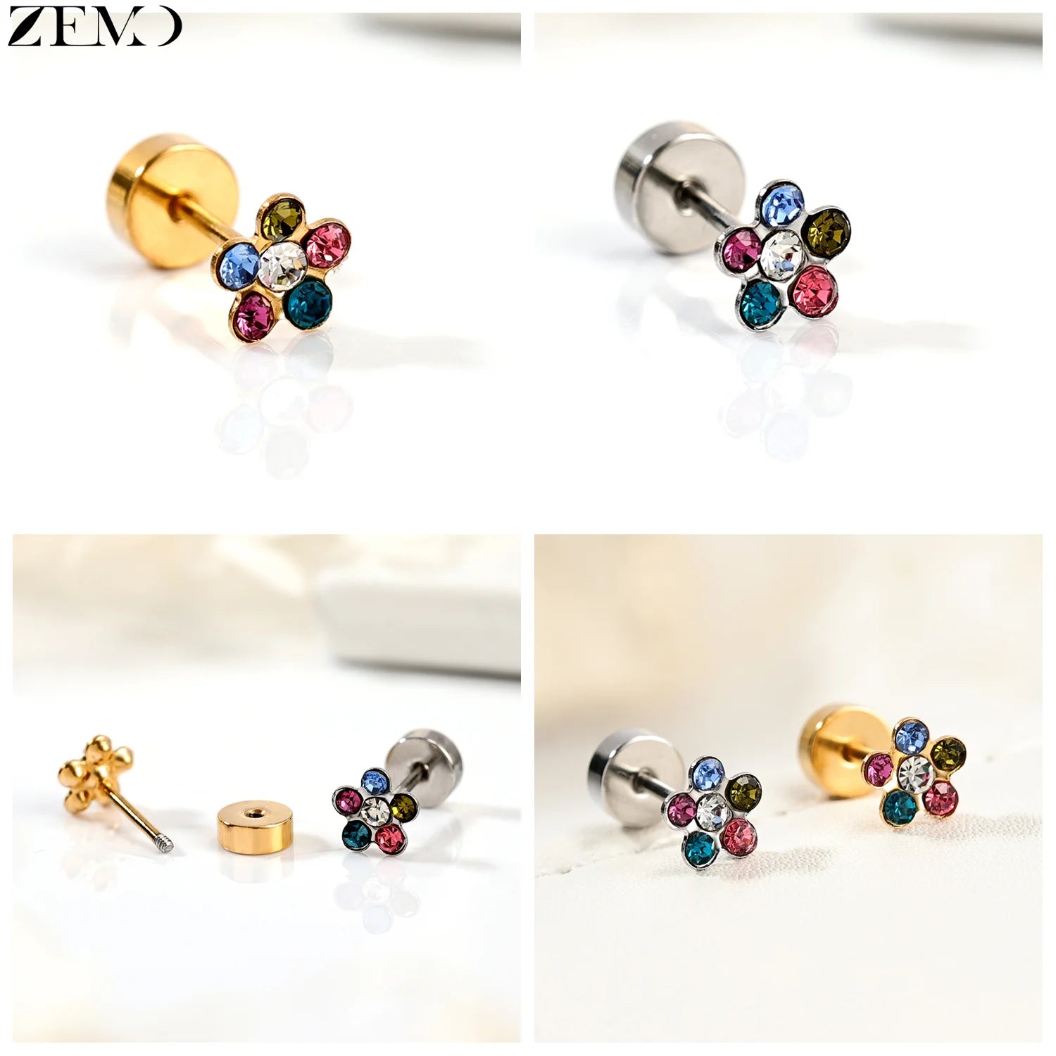 ZEMO 1 Piece 20G Stainless Steel Stud Earrings Women Girls CZ Crystal Ear Studs Flat Back Flower Heart Helix Cartilage Piercings