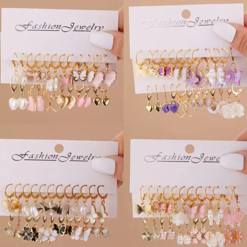 24pcs/set Butterfly Love Heart Hoop Earrings Sets for Women Exquisite Fashion Design Dangle Earrings Shared Jewelry Gifts