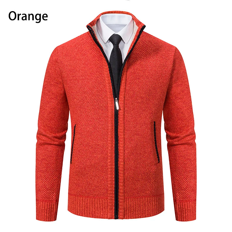 Autumn And Winter New Jersey Men's Casual Sports Coat Solid Color Stand Collar Wweater Grab Fleece Warm Zipper Cardigan