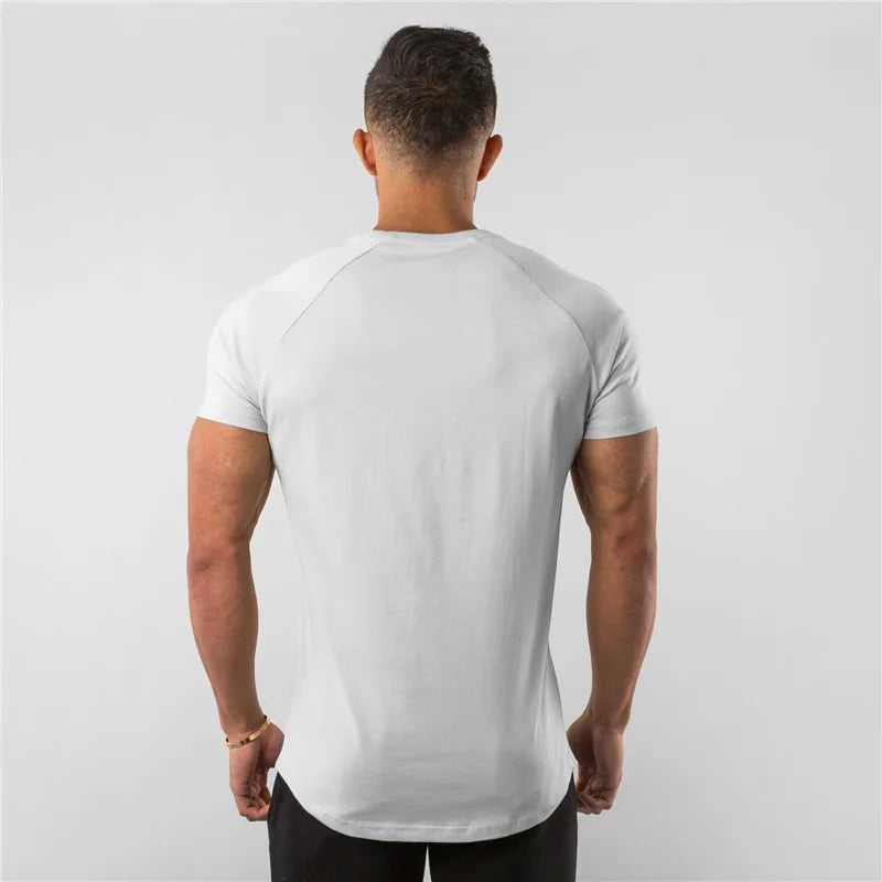 Cotton Plain Tops Tees Fitness Mens T Shirt Short Sleeve Muscle Joggers Bodybuilding Tshirt Male Gym Clothes Slim Fit Shirt