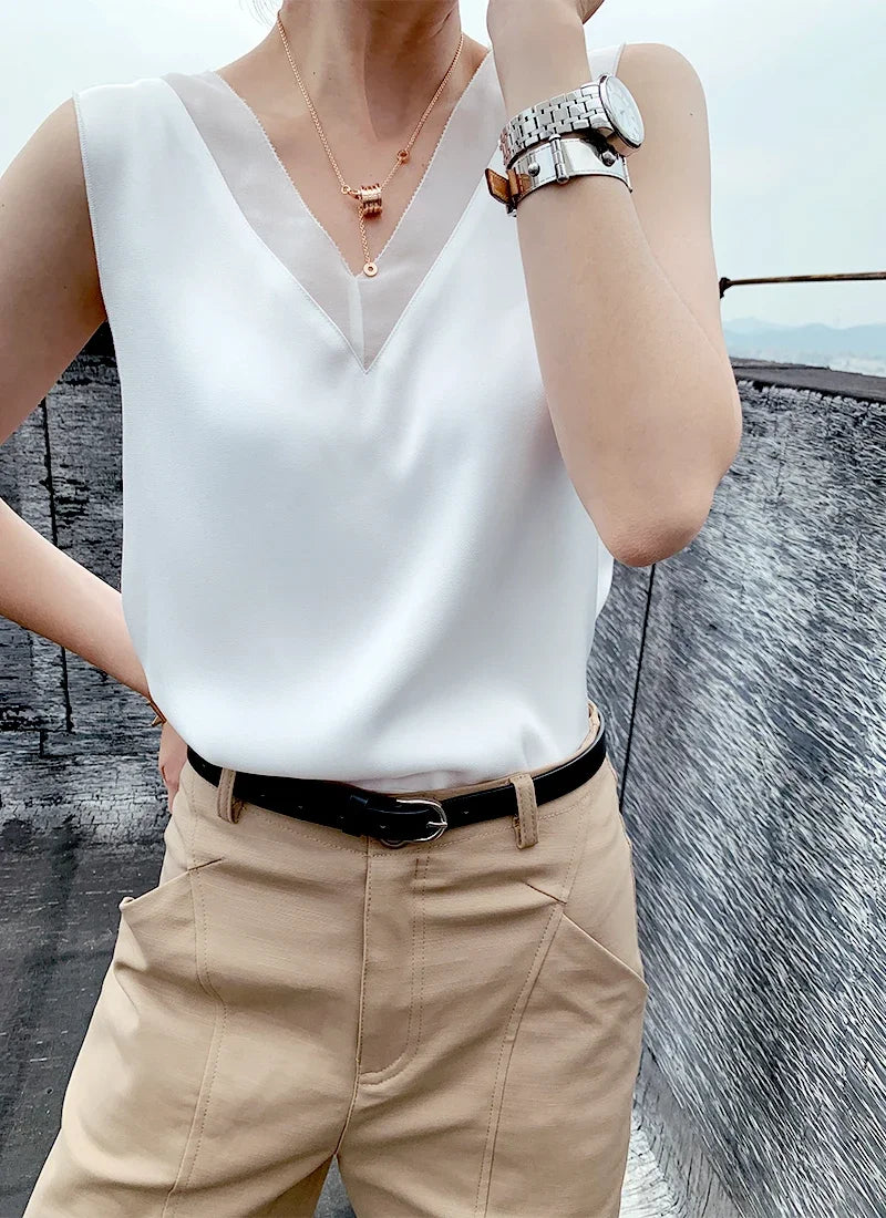 V-Neck Silk Vest Women's Summer Sleeveless Blouse With Acetic Acid Satin Top Sleeveless Bottoming Shirt