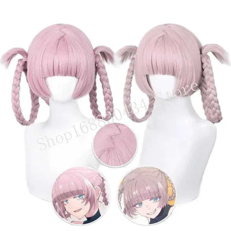 .Anime Call of the Night Nanakusa Nazuna Cosplay Wig Pink With Double Braid Yofukashi no Uta Nanakusa Nazuna Grayish Wigs