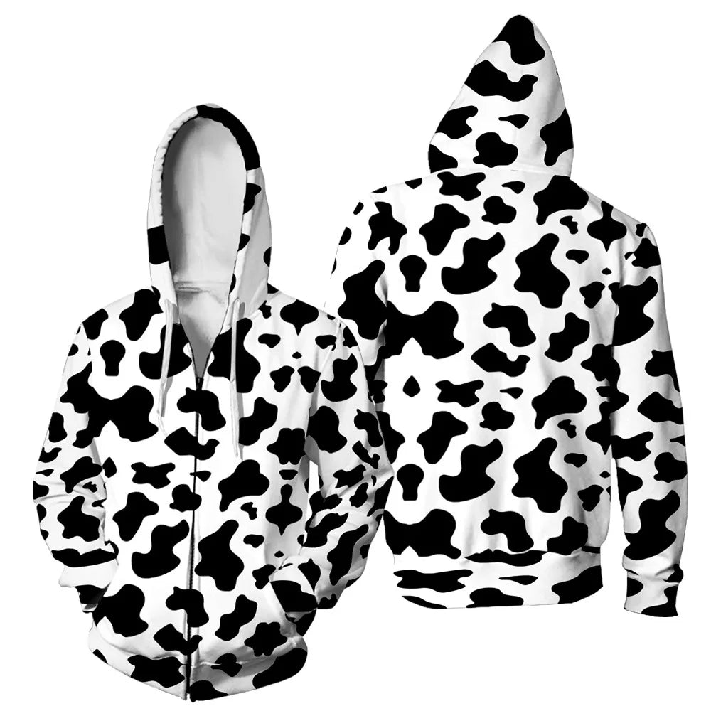 2025 Black White Cow Pattern Zip up Hoodies men women Hooded Sweatshirt Casual Oversized Fuuny Kids Jacket Coat Child Clothes