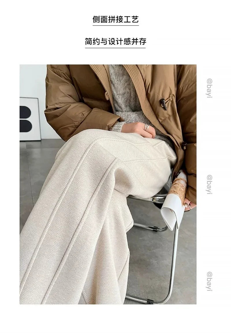 Women's Autumn/Winter New Herringbone Striped Flannel Wide leg Pants Woolen Split Pants Straight leg Narrow Version Banana Pants