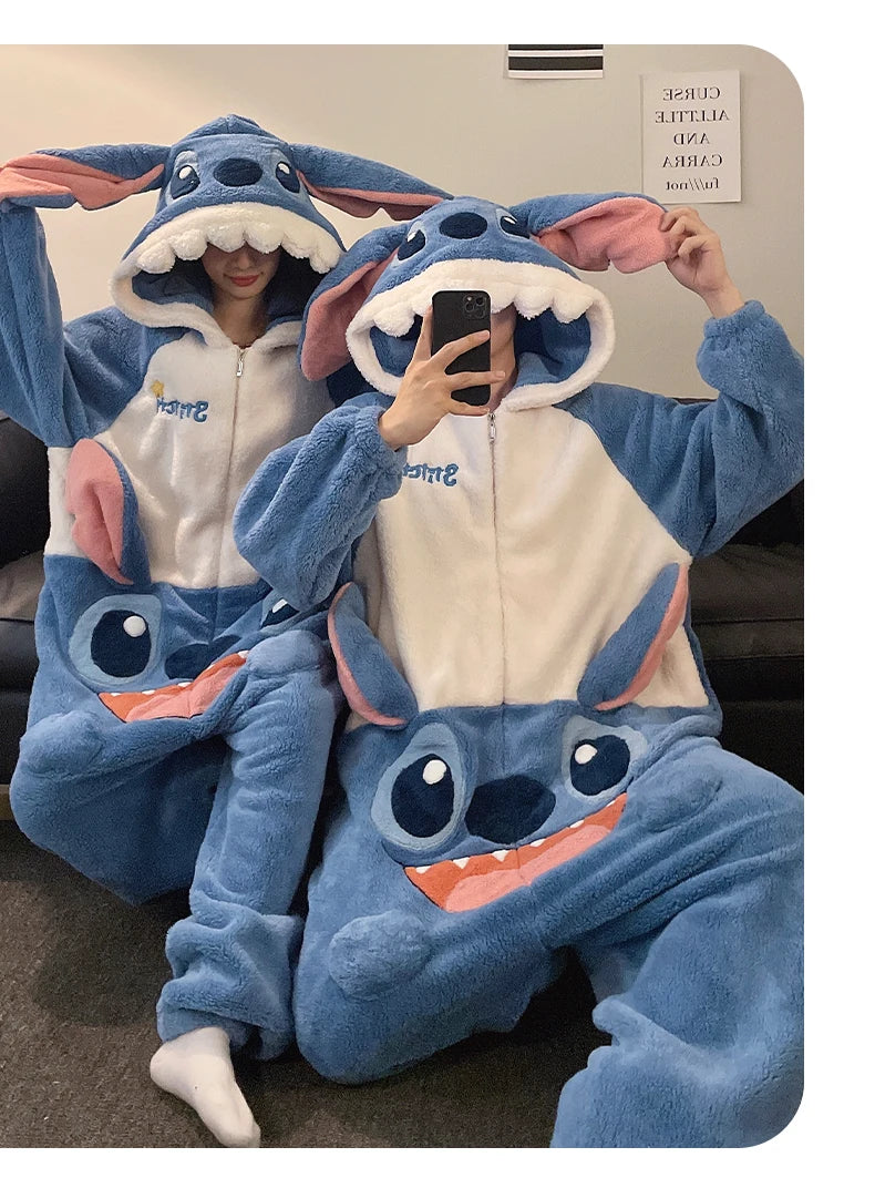 Cartoon Disney couple one-piece pajamas winter coral fleece thermal hooded pullover men's loungewear new Stitch women's pajamas