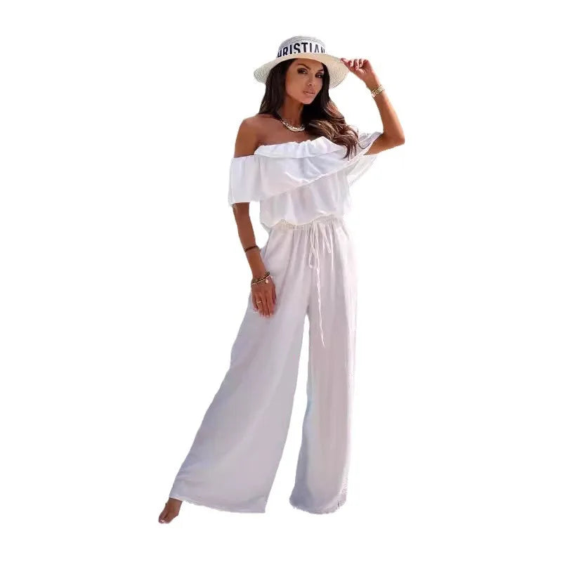 New Fashion Women's S-2XL Size Solid Color Jumpsuit Ladies Casual Off-the-Neck Short Sleeve Waist-Controlled Jumpsuit Rompers