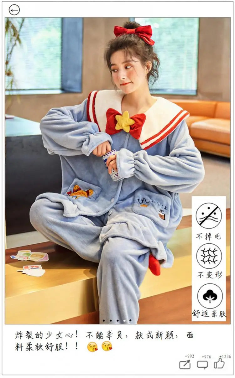 Anime Kuromi Pajamas Pants Suit Sanrioed Women Cute Kawaii Spring Winter Cardigan Plush Coral Fleece Cute Cartoon Warm Homewear