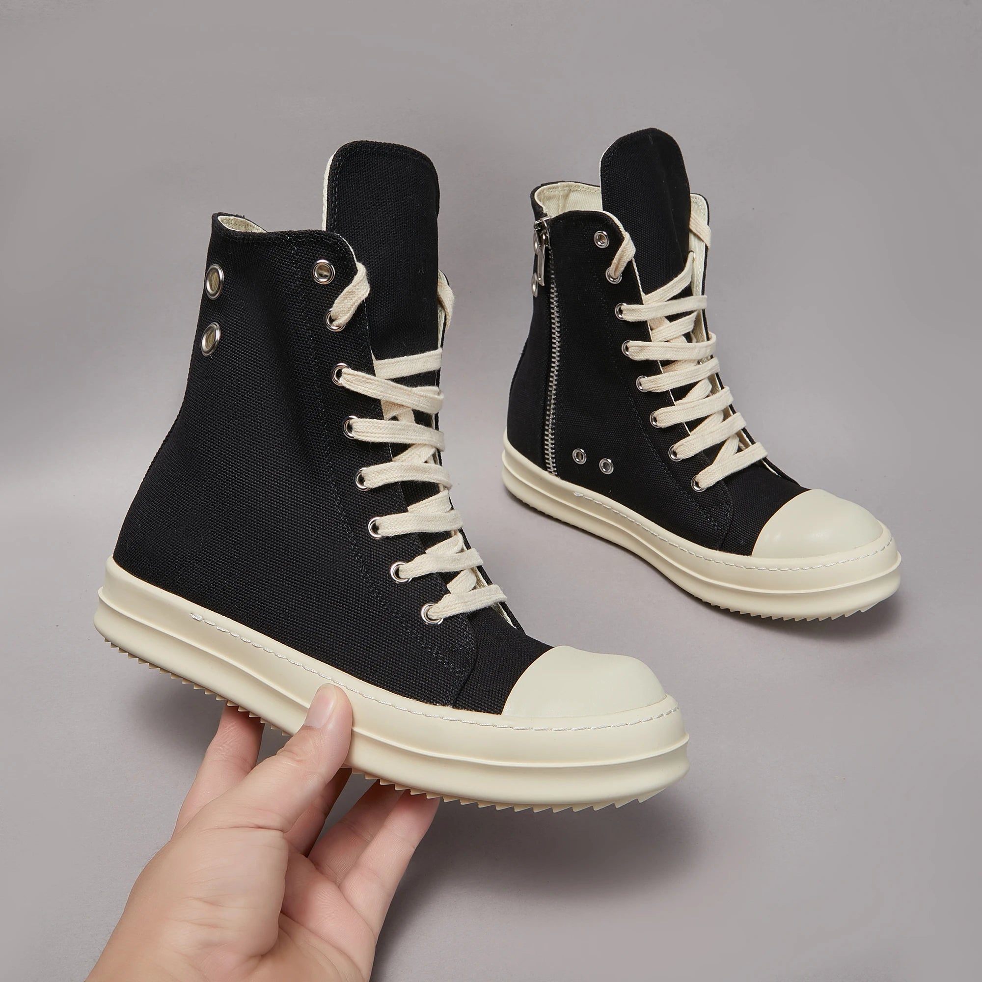 Brand Men Shoe Casual High Top Women Sneaker Quality Black Ankle Boot Fashion Zip Metal O-Wen Platform Canvas Flat Street Shoe