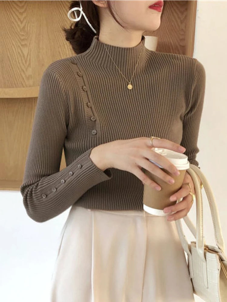 Women Knitted Sweater Long Sleeve Button Turtleneck Slim Pullovers for Autumn Winter Female Sweaters Soft Warm Bottoming Tops