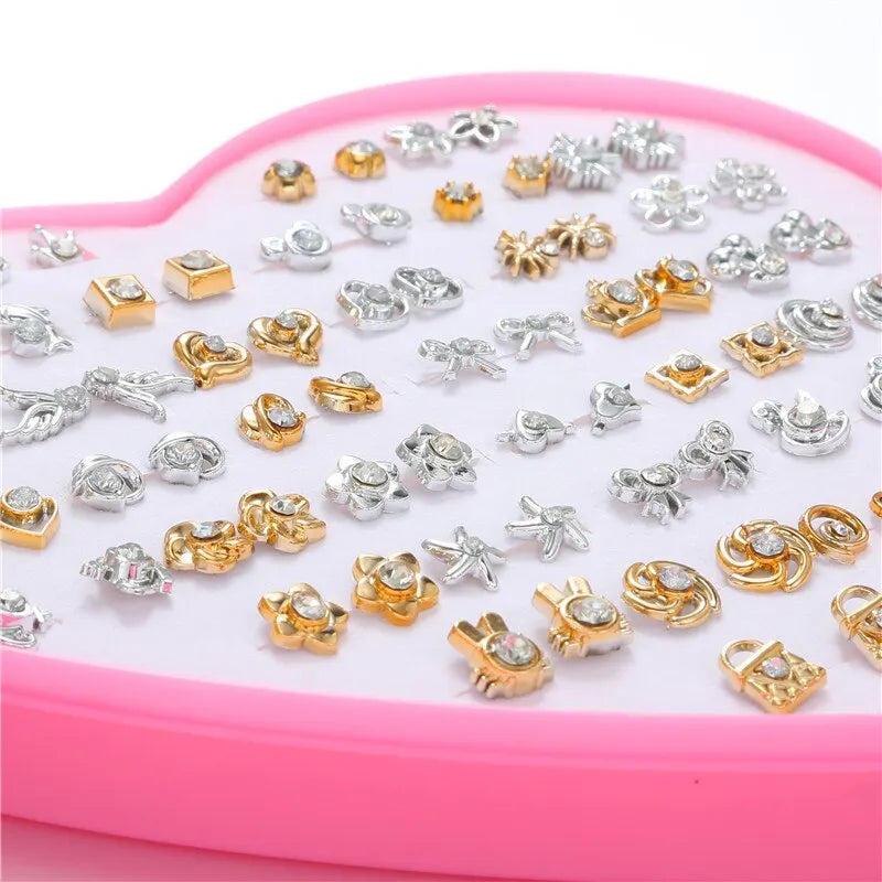 Trendy Gold/Silver-color 36 Pairs/lot Female Flower Love Small Stud Earrings Set For Women Geometric Crystal Plastic Ear Jewelry