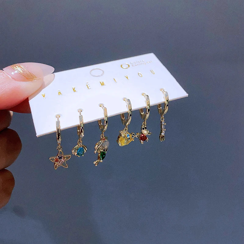 New Design Colorful Crystal Ocean Animal Mermaid Hoop Earrings Set for Women Gold Color Huggie Jewelry