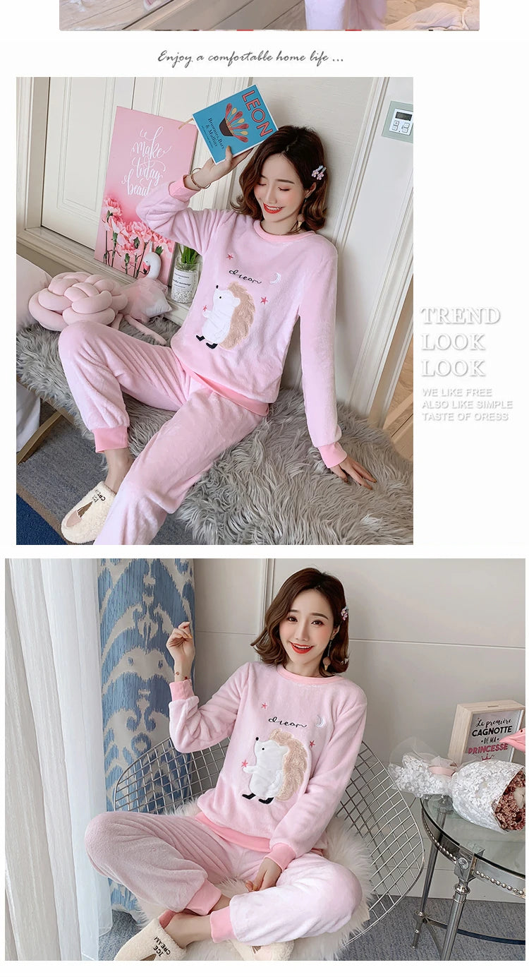 Autumn Winter New Flannel Soft Warm Women's Pajamas Round Neck Long Sleeve Women Two Piece Set Cute Printing Pajama Suit Women