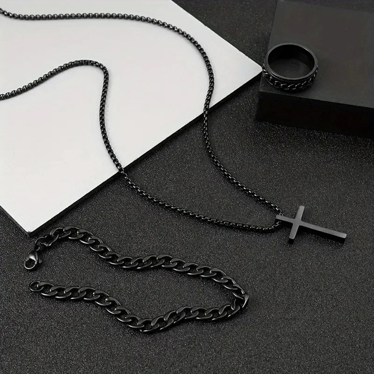 Punk Cross Pendant Necklace Bracelet Chain Ring Men's Set Simple Personality Hip Hop Party Three Piece Jewelry Accessories