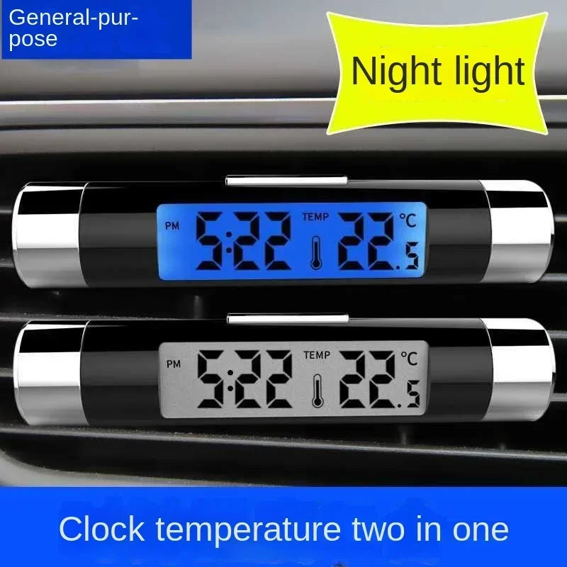 Car Air Outlet Thermometer Electronic Clock Time Led Digital Display Thermometer with Back Luminous Car Supplies Clock for Car