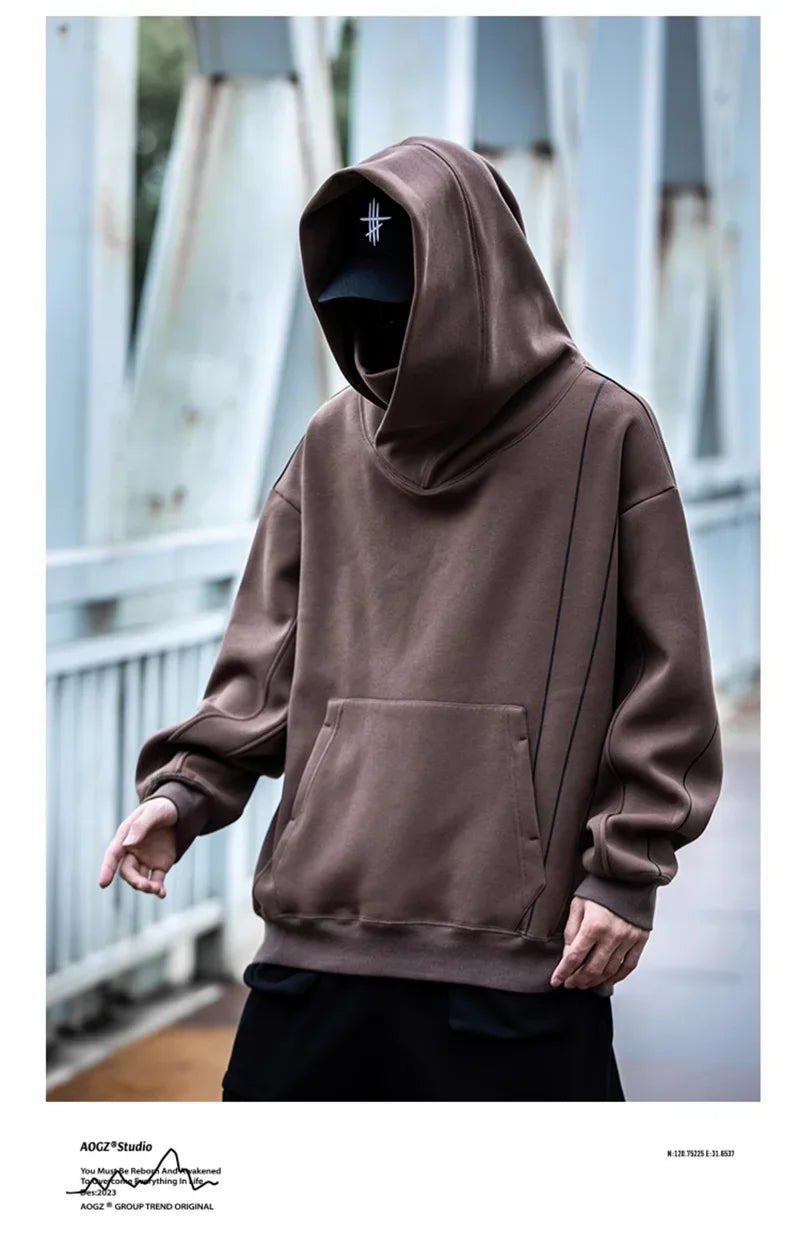 Autumn Windbreaker Turtleneck Hooded Sweatshirts For Men New Ninja Oversized Hoodies Women Line Print Y2K Streetwear Hoodie