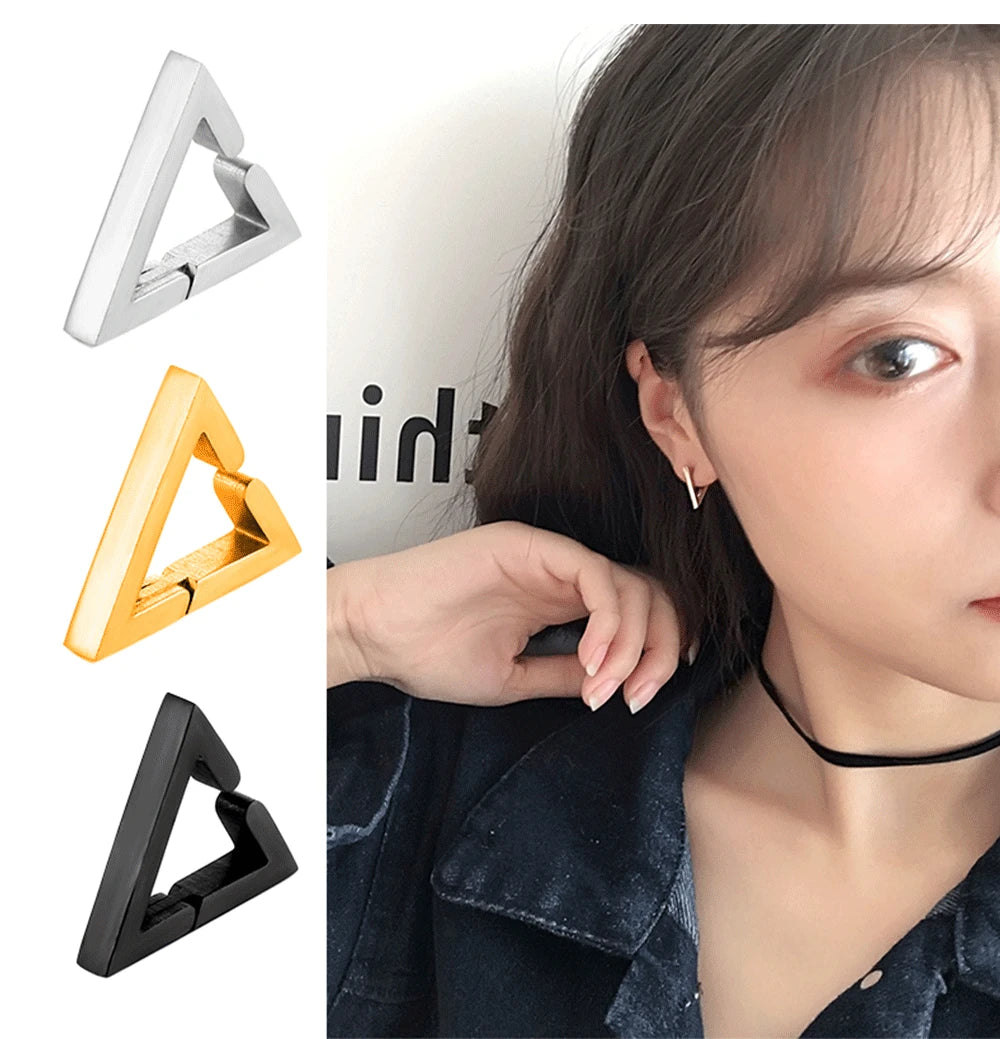 2PC Punk Stainless Steel Non-Piercing Triangle Earrings Ear Clip Fake Triangle  Ear Hoops Men and Women Hip Hop Ear Accessories