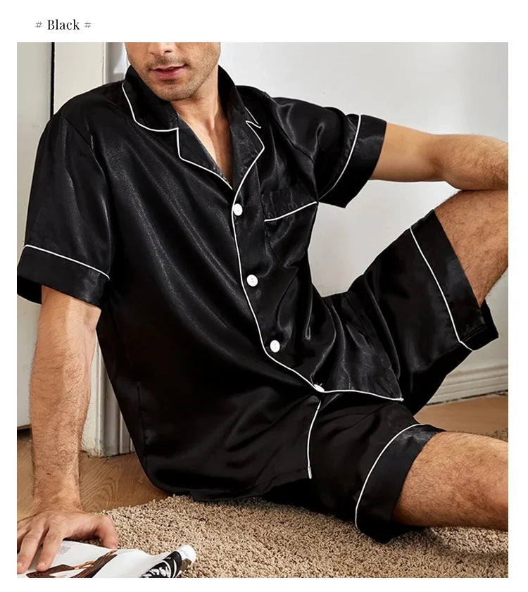 Men Satin Short Sleeve Pajama Set Summer Sleepwear for Man Button-Down Shirt & Elastic Waist Shorts Pajamas Home Clothes 2 Piece