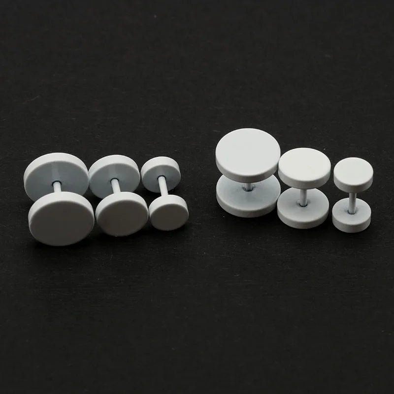 2PCS Fashion Men's Women's Ear Studs Earrings Fake Ear Plugs White 6mm 8mm 10mm Screw Round Barbell Jewelry Stainless Steel Punk