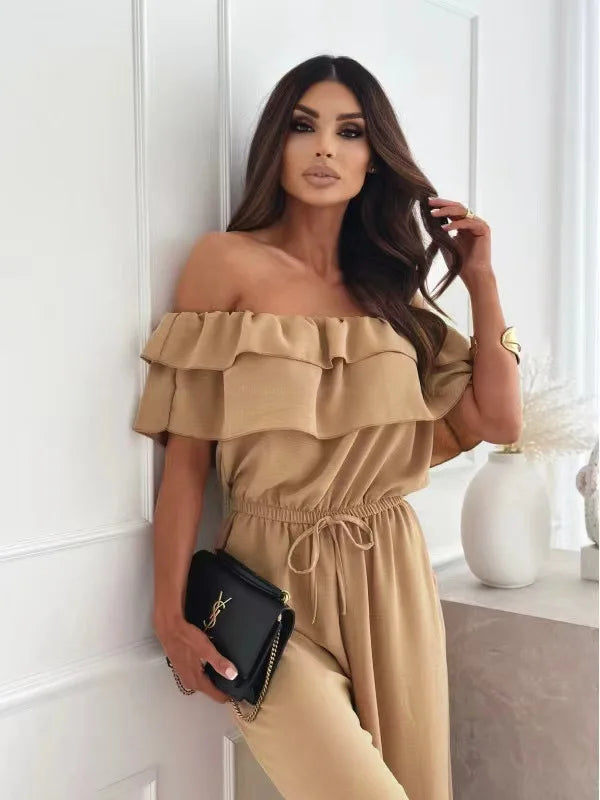 New Fashion Women's S-2XL Size Solid Color Jumpsuit Ladies Casual Off-the-Neck Short Sleeve Waist-Controlled Jumpsuit Rompers