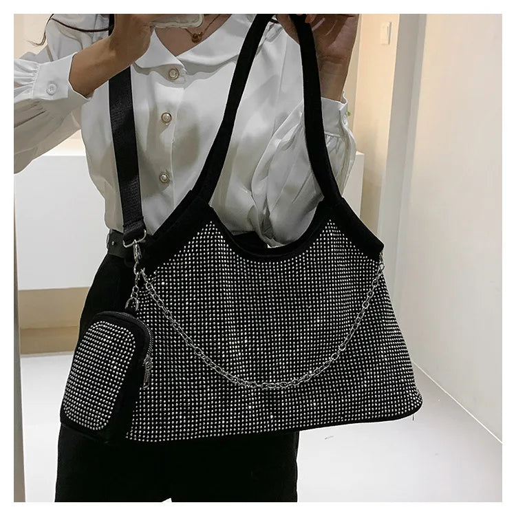 2023 New Shiny Rhinestone Women's Handbag Large Shopping Bag Fashion Dinner Bag Underarm Shoulder Bag Women's Party Commuter Bag