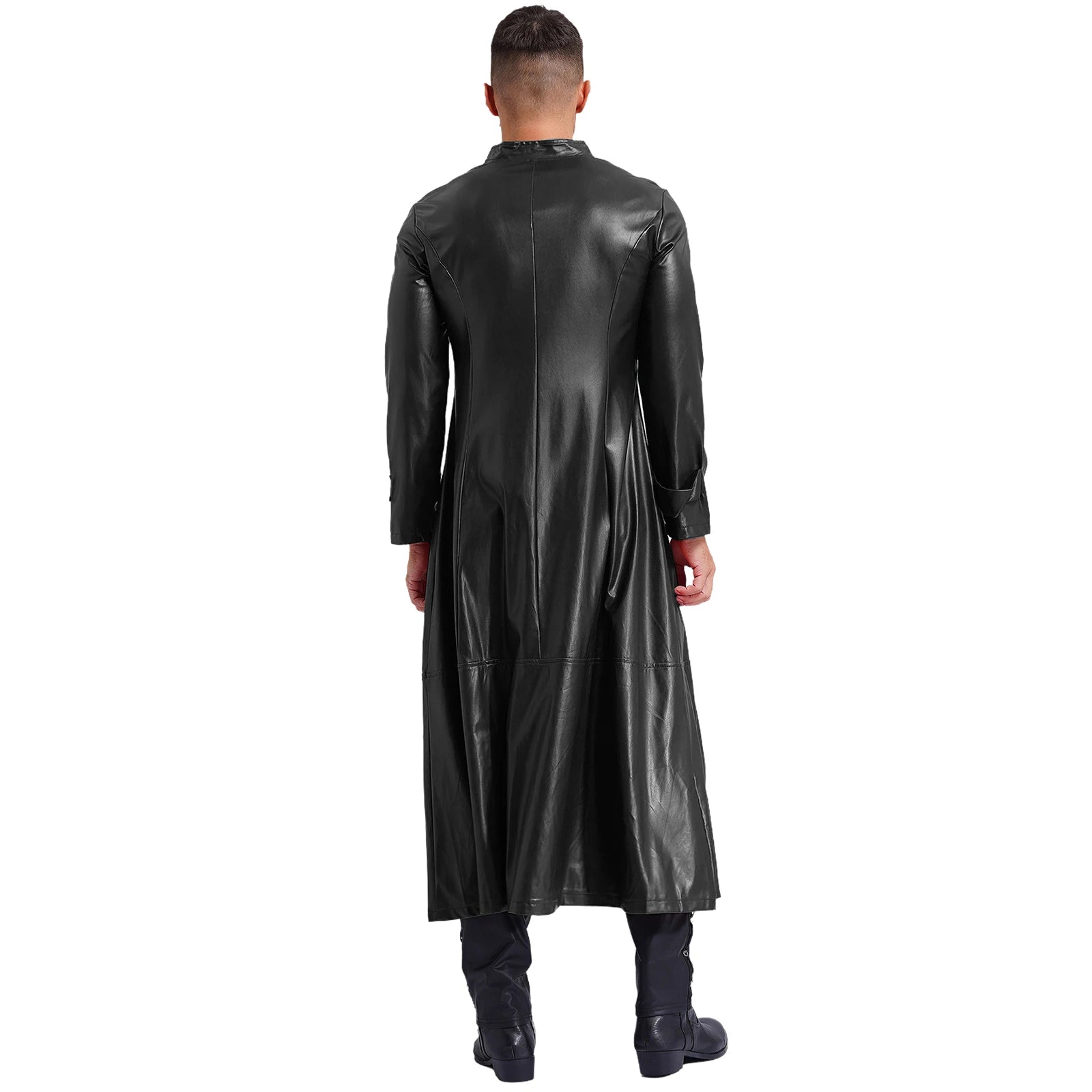 Mens Steampunk Faux Leather Trench Coat Stand Collar Zipper Long Sleeve Outerwear Windproof Jackets Overcoat Gothic Clothes 2024