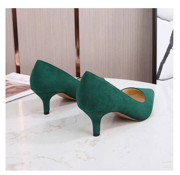 Low Heel Pumps Lady Pointed Toe Kitten Heels Female Green Flock Plus Size 43 44 45 46 Red Shoes 2023 Women 5cm High Heels