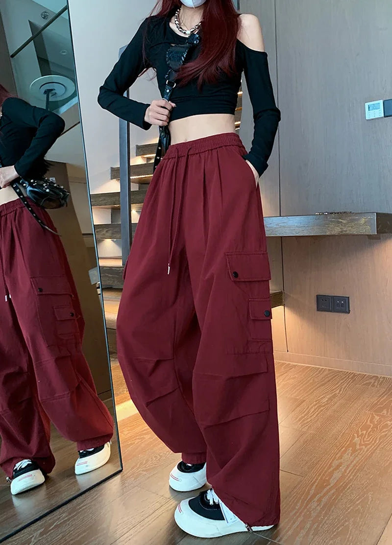 Y2K Cargo Pants Women Harajuku Oversized Sweatpants Black Pockets Wide Leg Joggers Streetwear High Waist Baggy Sports Trousers