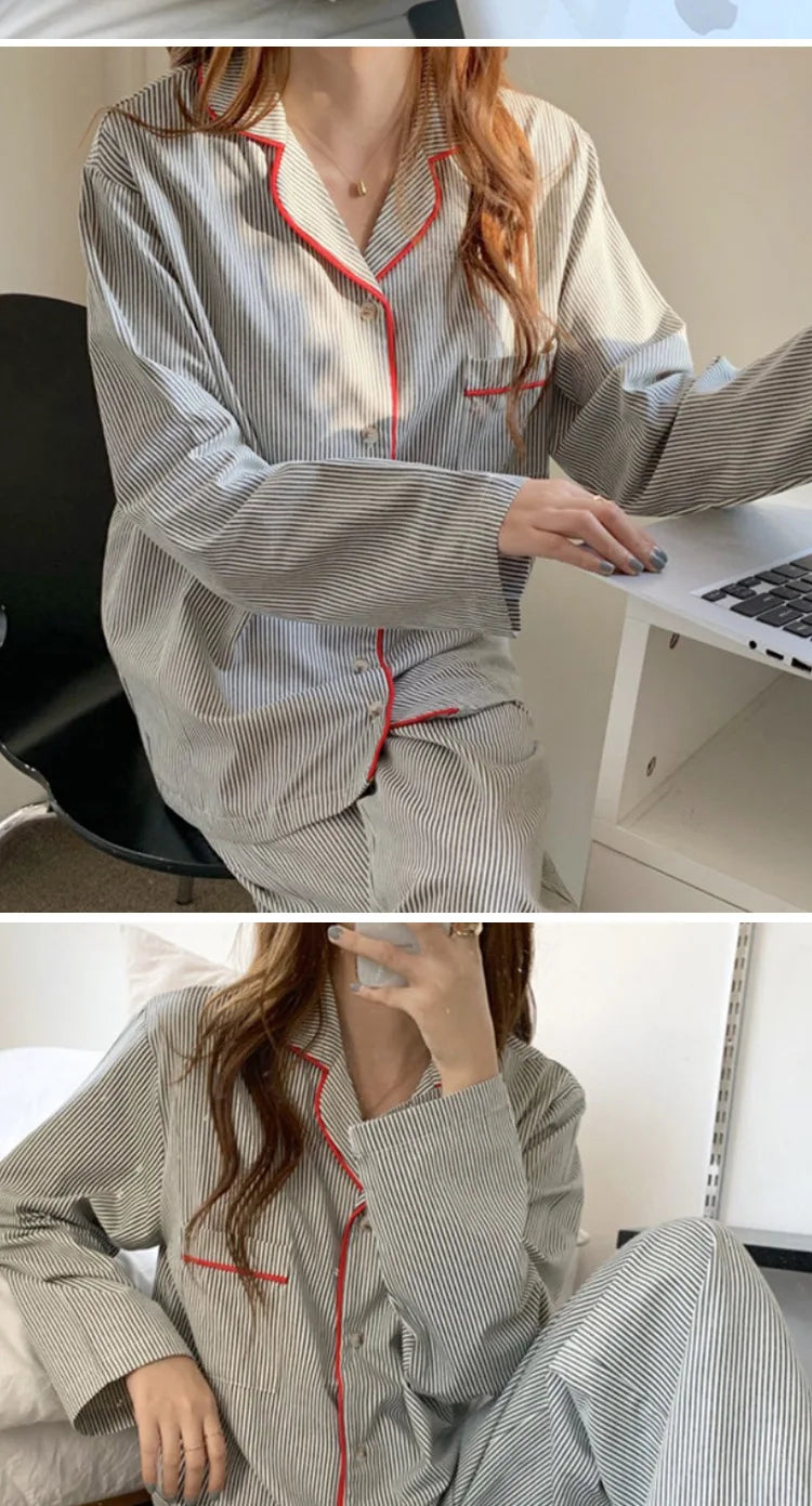 Korean Fashion Striped Leisure Wear Pajama 2 Piece Set Women Nightgown Cosplay Sexy Pajama 2024 New Autumn Winter Pajama Sets