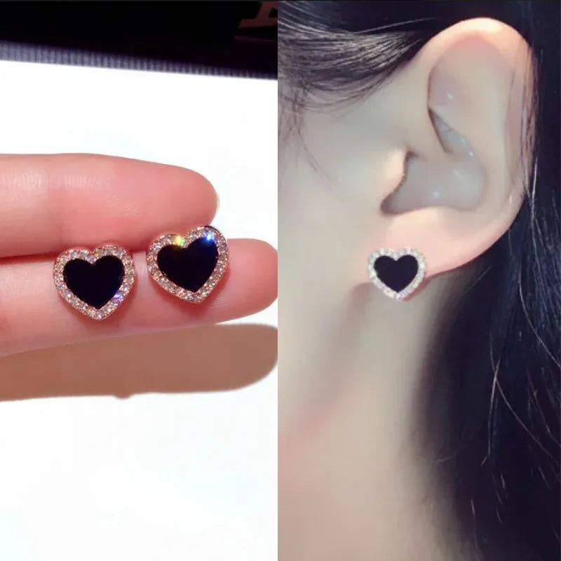 Korean Style Zircon Black Resin Heart Ear Studs for Women Elegant Luxury Geometric Earrings 2024 Fashion Trends Jewelry Gifts