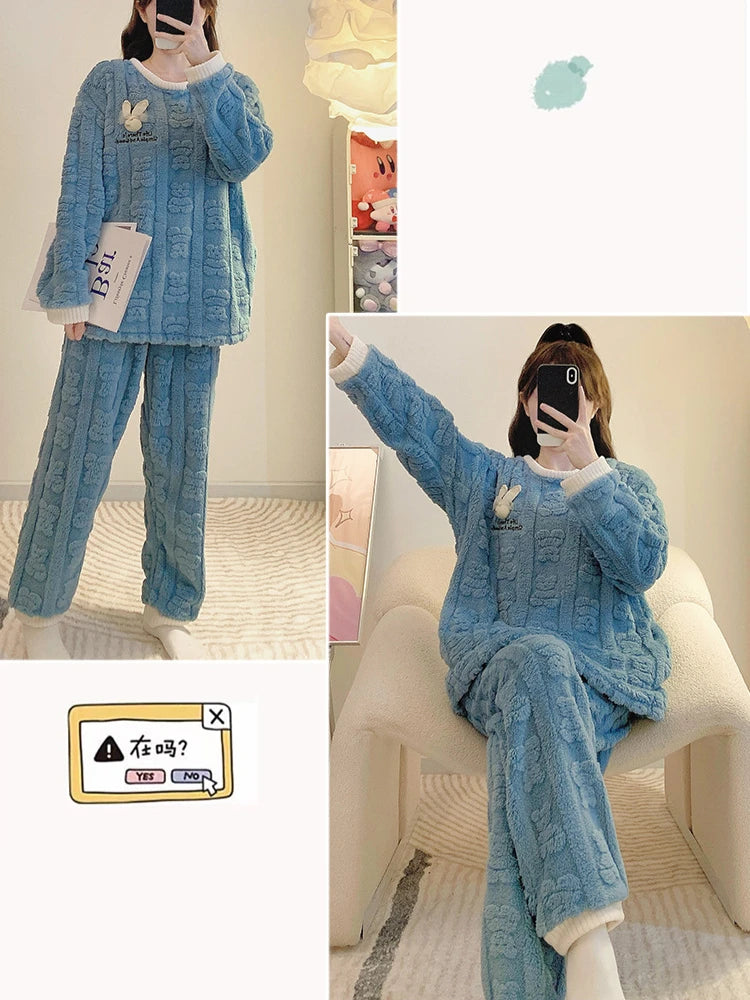 5XL Cartoon Coral Fleece Pajamas Women Plus Size Winter Thickened Student Loungewear Can Be Worn Outside Long Sleeve Sleepwear