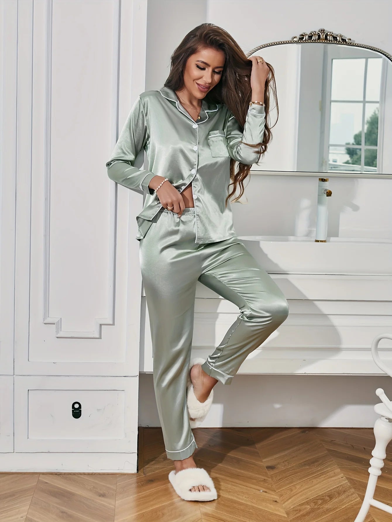 Solid Pajama Set Long Sleeve Button Up Lapel Top & Pants Pj Set Women's Sleepwear & Loungewear