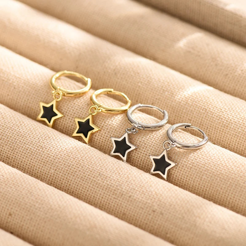 Cute Lovely Small Hoop Earrings For Women Tiny Huggie Mini Round Circle With Pentagram Star Pendant Female Dangle Ear Accessory