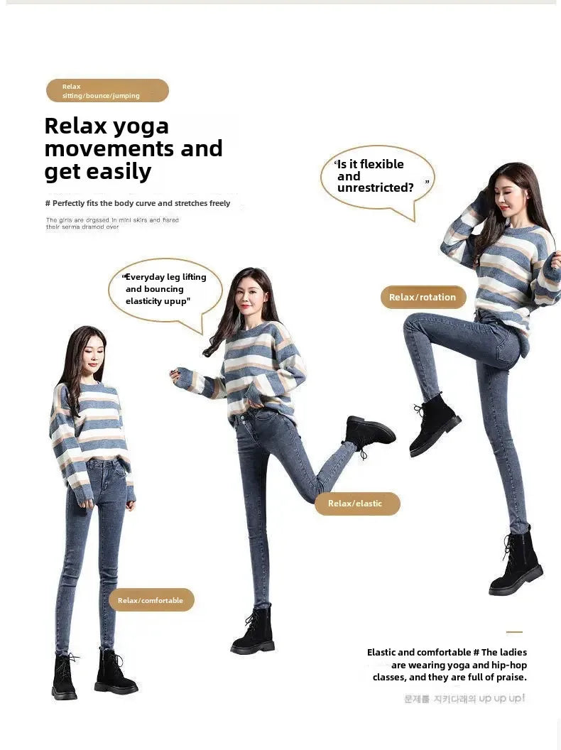 High-Waisted Slimming Stretchy Korean-Style Tight Jeans Women's Fleece-Lined Casual Trousers Warm Long Pants