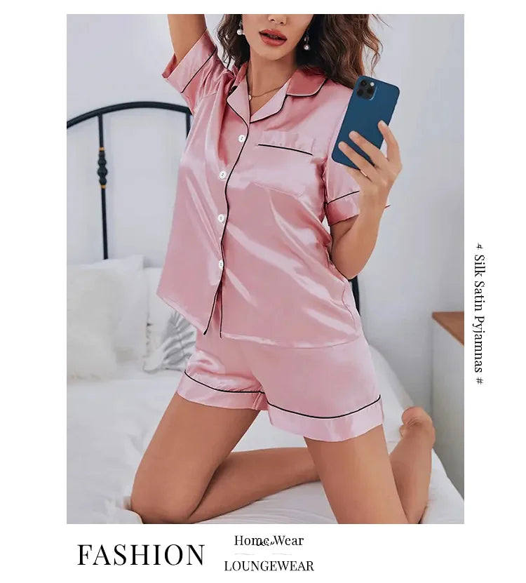 Women Silk Satin Pajamas Set Two-piece Pj Sets Sleepwear Loungewear Button-Down Pajama Women 2 Piece Pijama Homewear Shorts Set