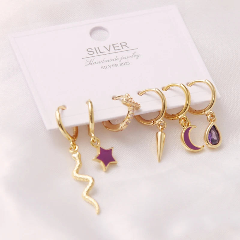 6 Pcs Fashion Exquisite Pearl Star Moon Enamel Zircon Dangle Ear Ring Set Korean Style Small Hoop Earring For Women Jewelry Gift