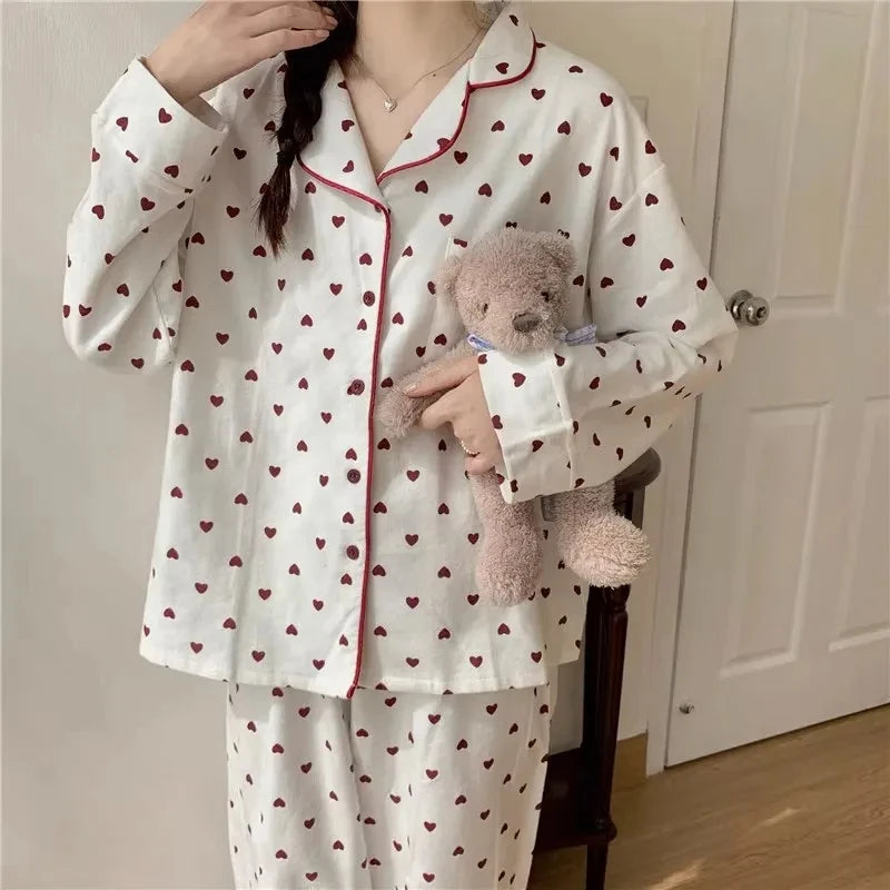 Large Size Sexy Nightwear Women Sleepwear Autumn and Winter Cardigan Home Wear Peach Heart Long Sleeves School Silk Pajamas