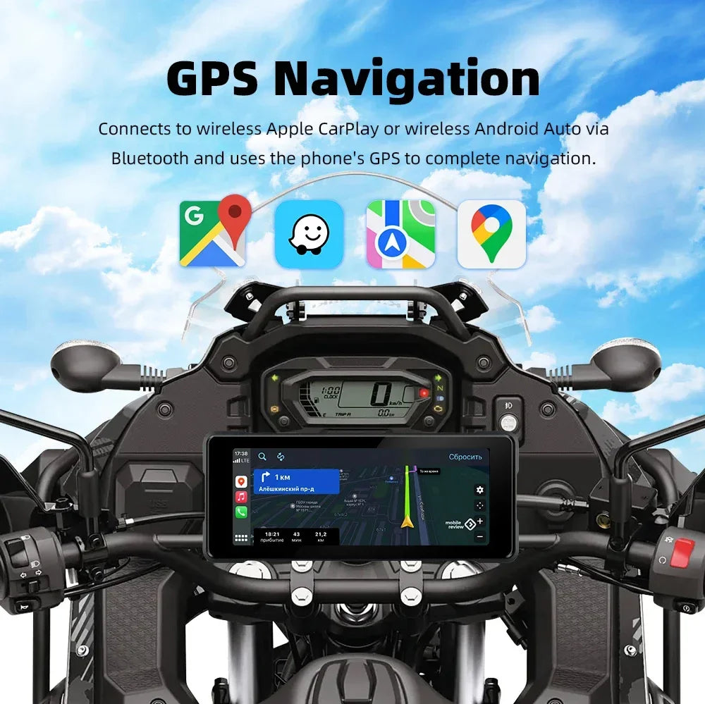 Srnubi 6.86 inch Motorcycle DVR Wireless Carplay Android Auto IP67 Waterproof GPS navigator Dash Cam Moto Dual Bluetooth Camera