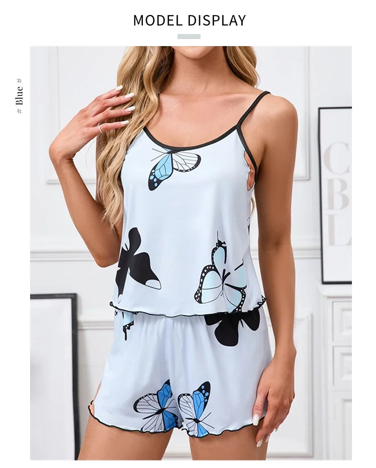 Women's Pajama Set Butterfly Print Sleepwear Summer Sleeveless Cami Tops & Shorts Pyjama Pjs Suit Soft  Home Clothes Loungewear