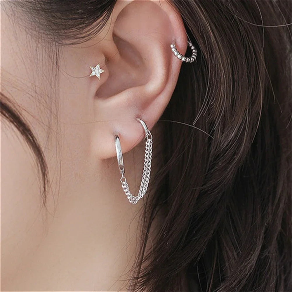 Designer One Ear Chain Earrings For Women Sleeper Double Ear Holes Piercing Ear Rings Decorations For Girls pendientes de aro