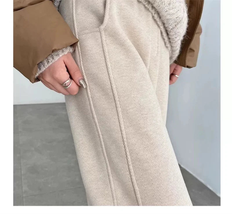 Women's Autumn/Winter New Herringbone Striped Flannel Wide leg Pants Woolen Split Pants Straight leg Narrow Version Banana Pants