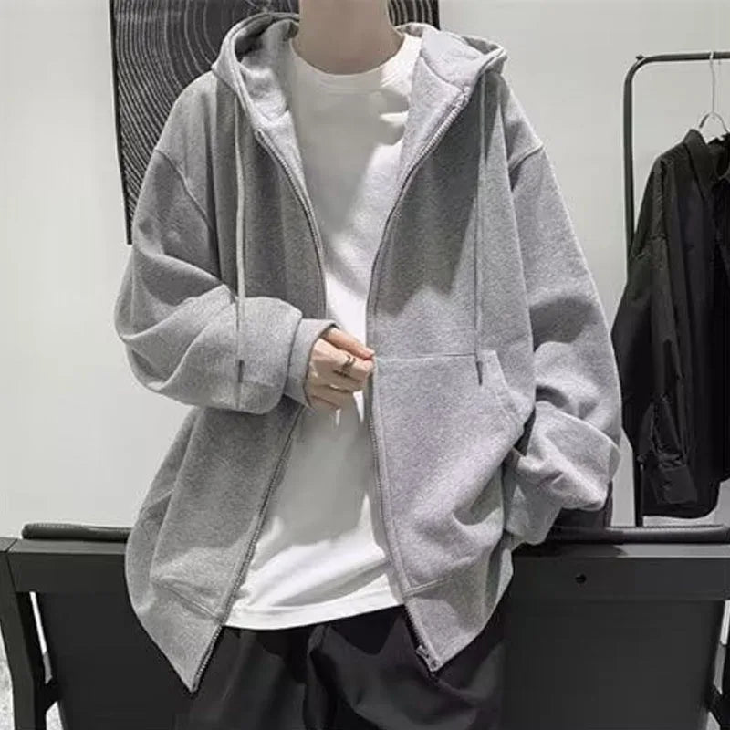 Large Size Trend Korean Solid Color Spring Men Hooded Cardigan Loose Zipper Long Sleeve Comfortable Affordable All-match Coat